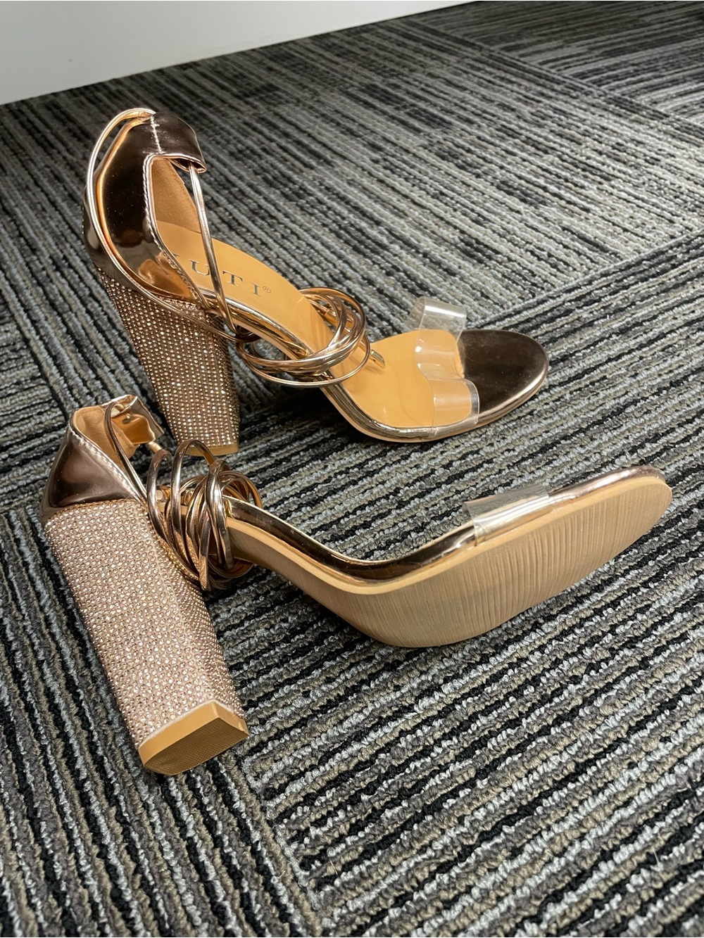 Embellished Rose Gold Block Heel Sandals with Clear Strap